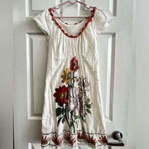 White Flowy Dress with Floral Embroidery and Orange Scalloped Neckline